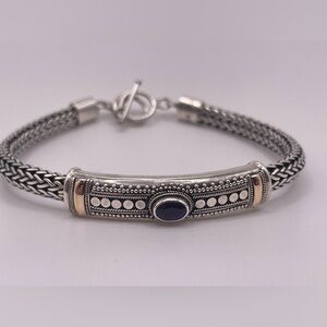 Sterling Silver 925 Bracelet 18K Gold Accent Bali Woven Purple Stone 7in